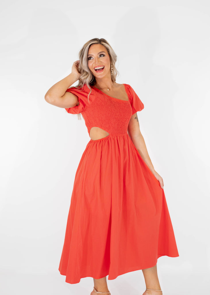 red orange midi dress with side cut out