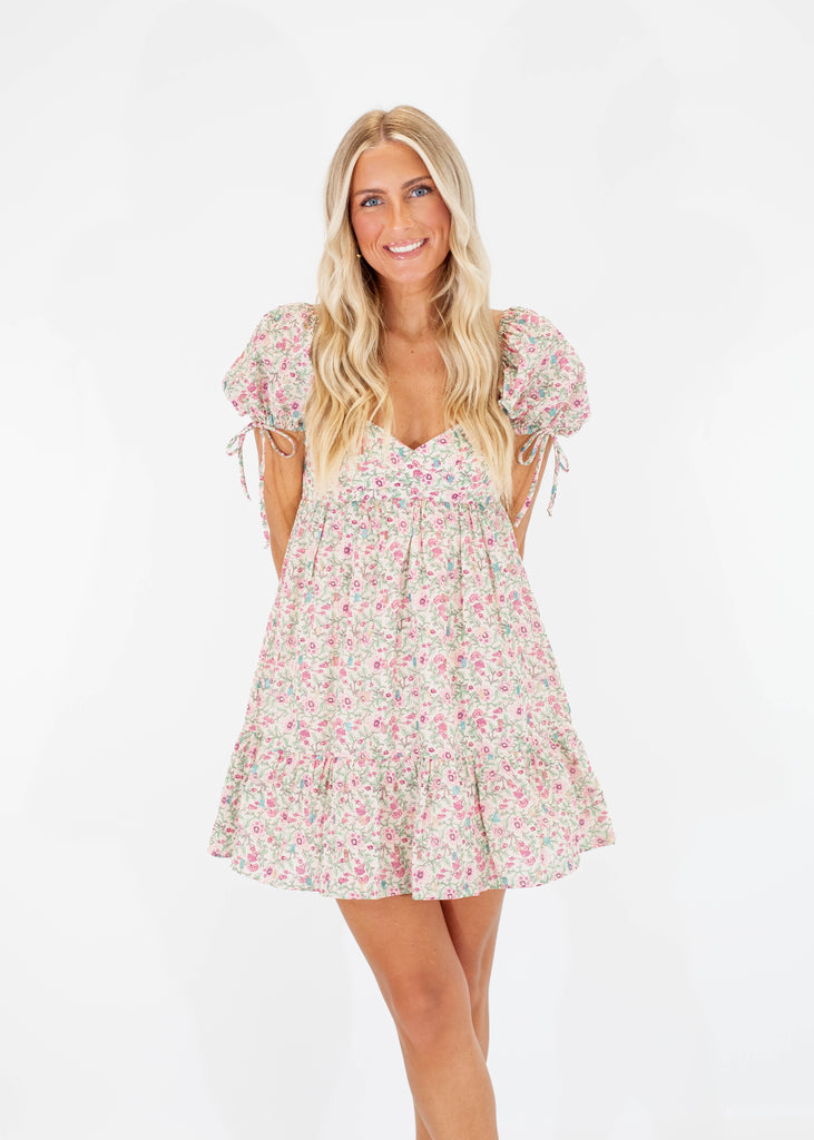 cream mini dress with green and pink floral