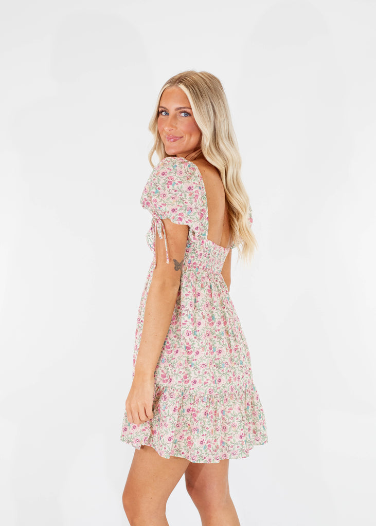 cream mini dress with green and pink floral