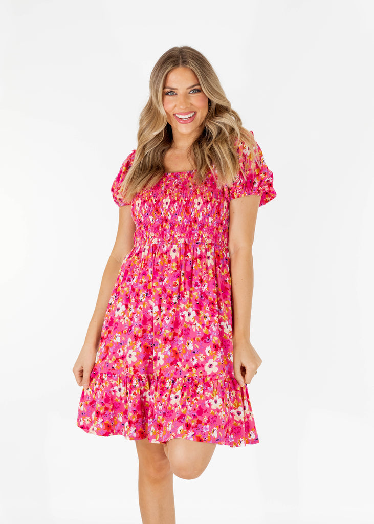 pink floral mini dress with puff sleeves