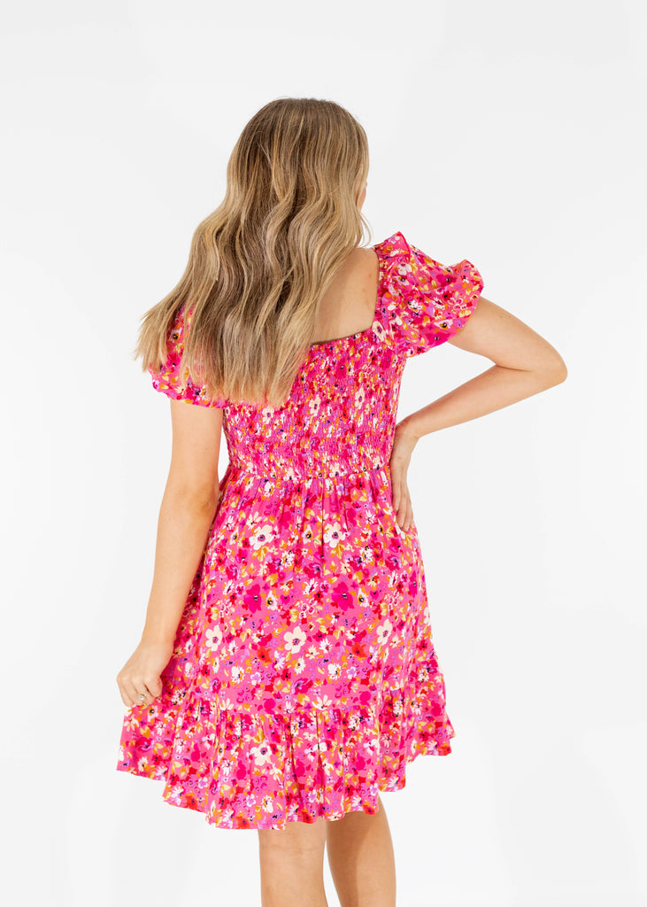 pink floral mini dress with puff sleeves