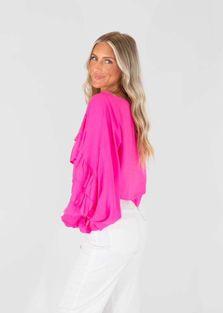 hot pink relaxed fit ruffle cropped top