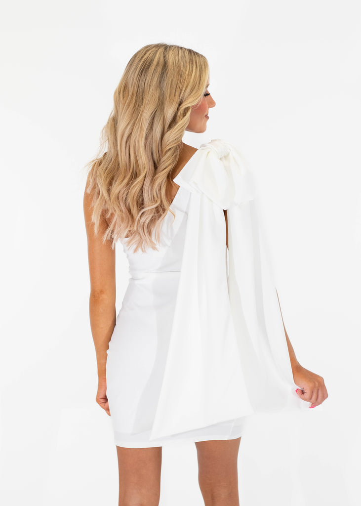 white one shoulder bodycon mini dress with draped shoulder