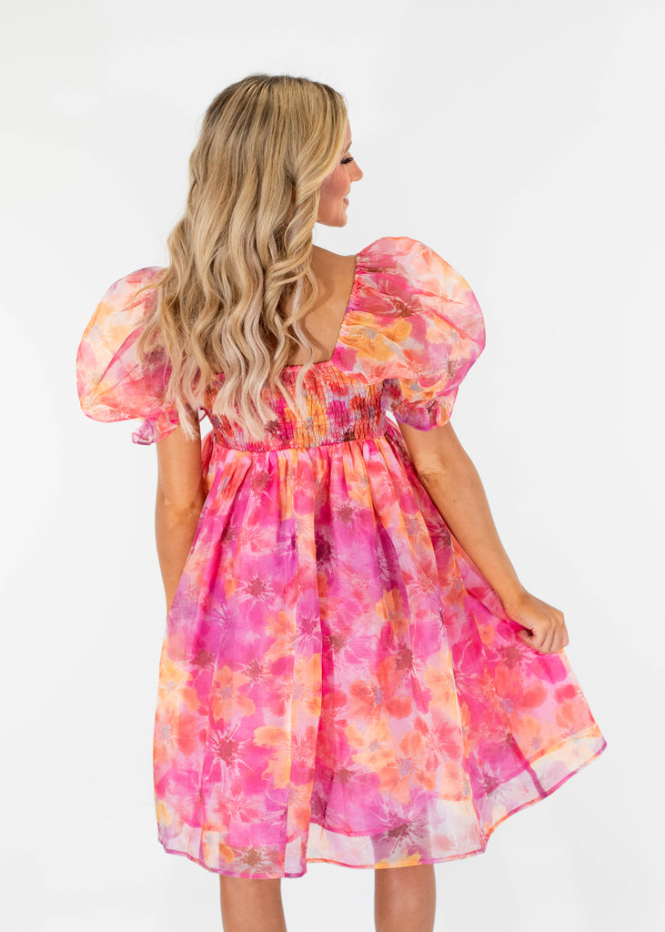 pink and orange floral puff dress