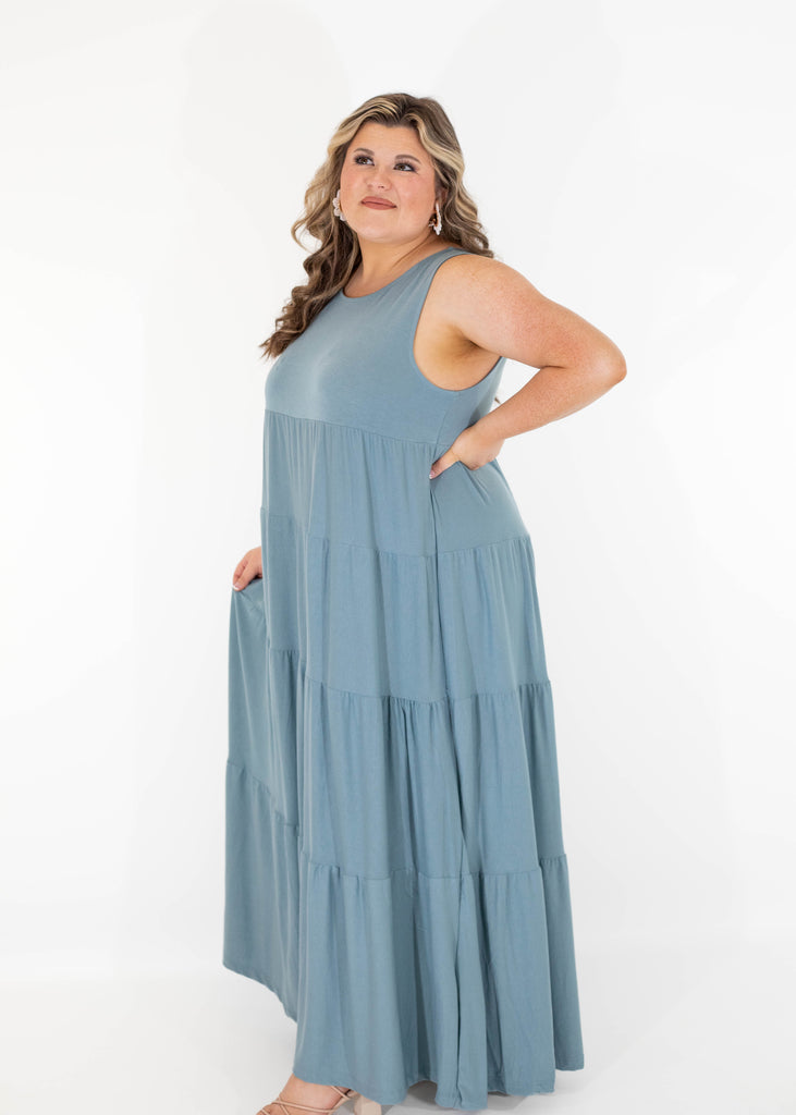 blue flowy tiered maxi dress