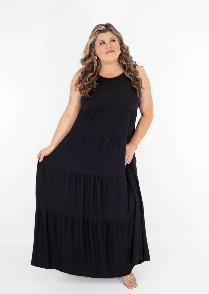 black flowy tiered maxi dress