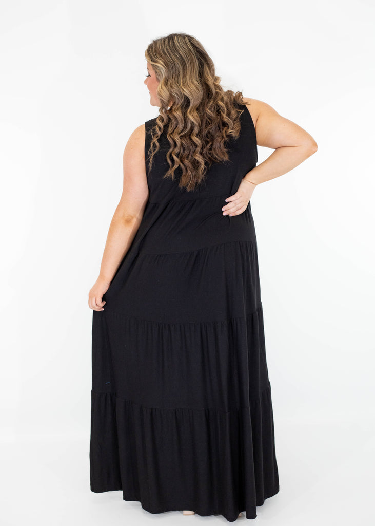 black flowy tiered maxi dress