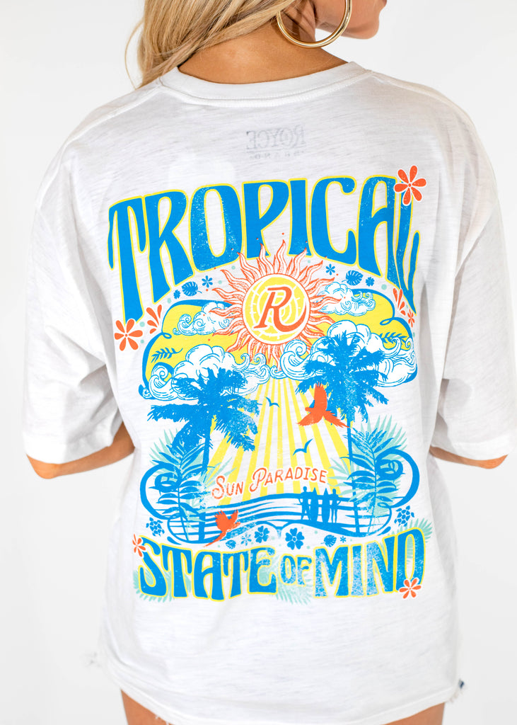 white t-shirt with colorful graphic print on front & back