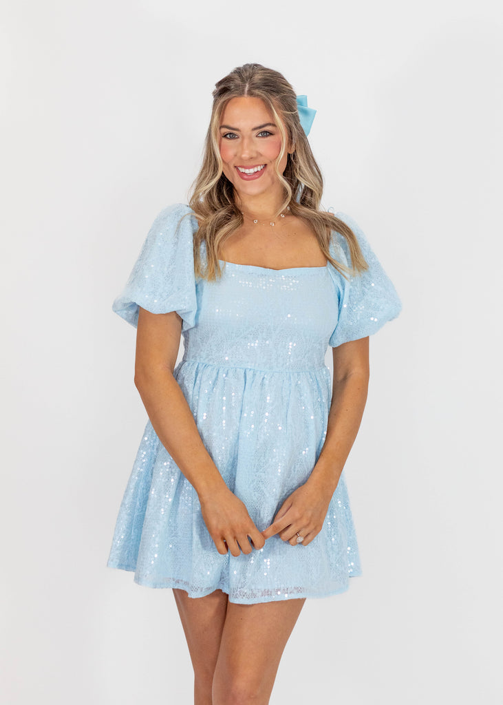 blue sequin babydoll fit mini dress with puff sleeves