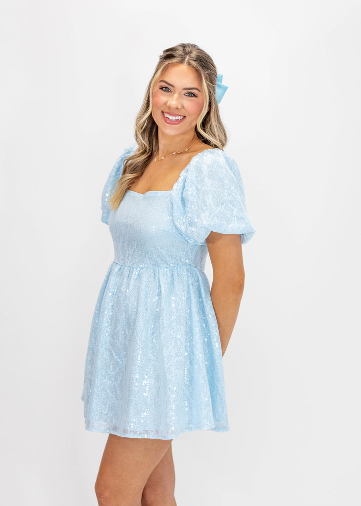 blue sequin babydoll fit mini dress with puff sleeves