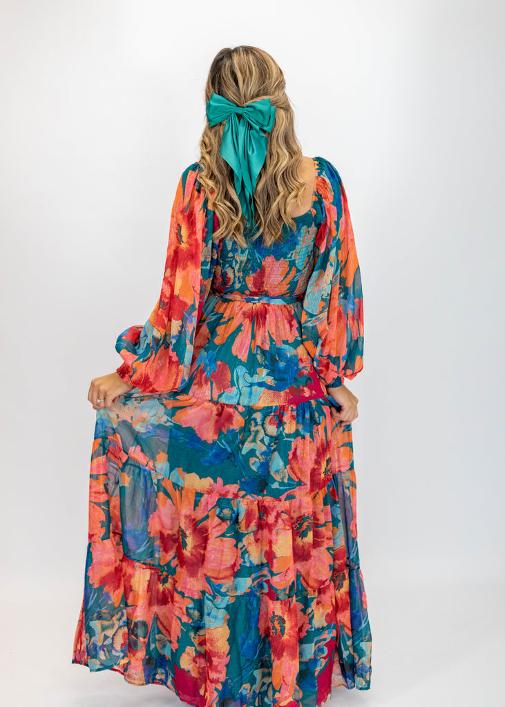 blue/orange floral print maxi dress with long sleeves