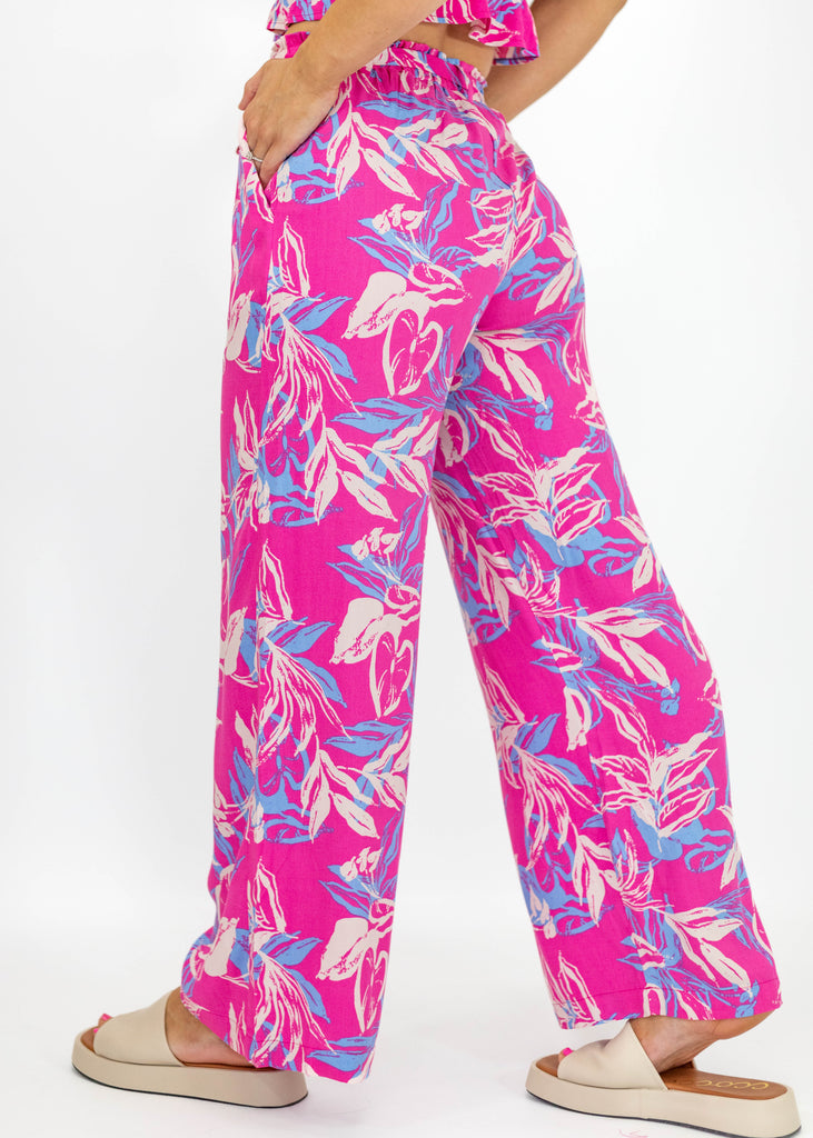 hot pink and blue floral pants, tie strap, elastic waist
