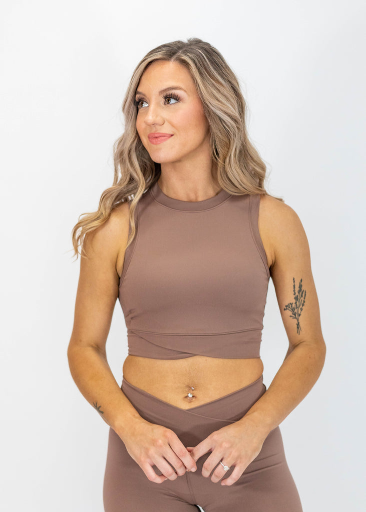 brown sports bra with crossover band