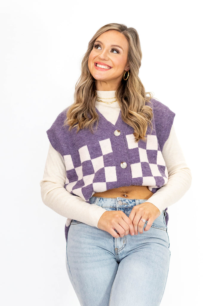 purple checkered sweater vest with buttons