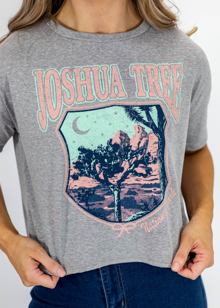 gray t-shirt with Joshua Tree print