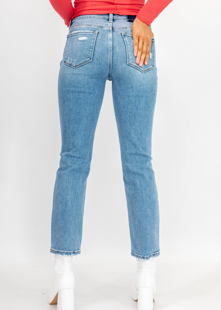 medium wash high rise ankle length distressed slim straight jeans