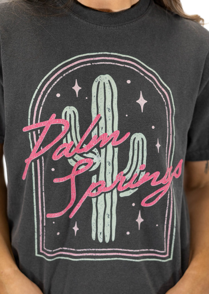 dark gray graphic t-shirt with "Palm Spring" lettering