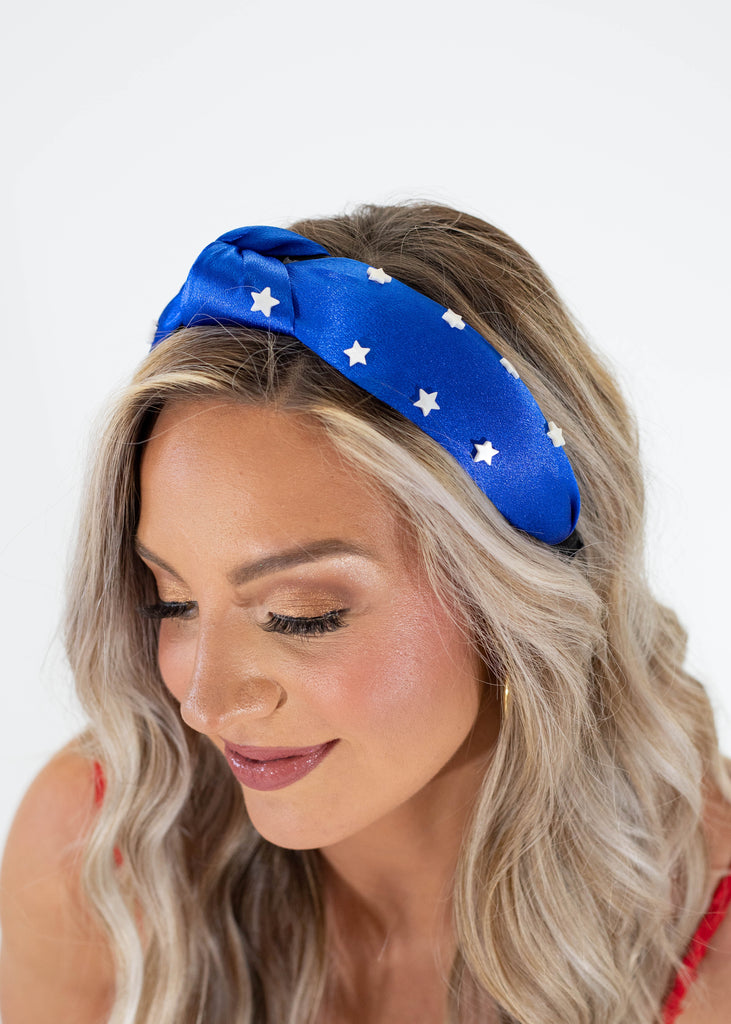 blue satin headband with white stars