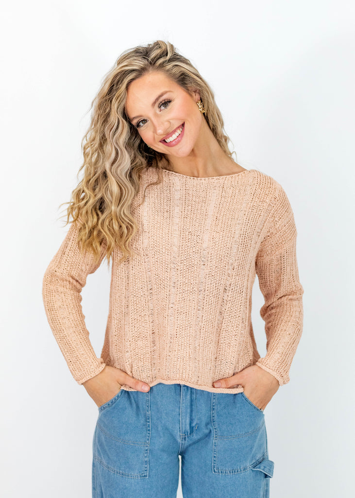 beige boatneck knit sweater