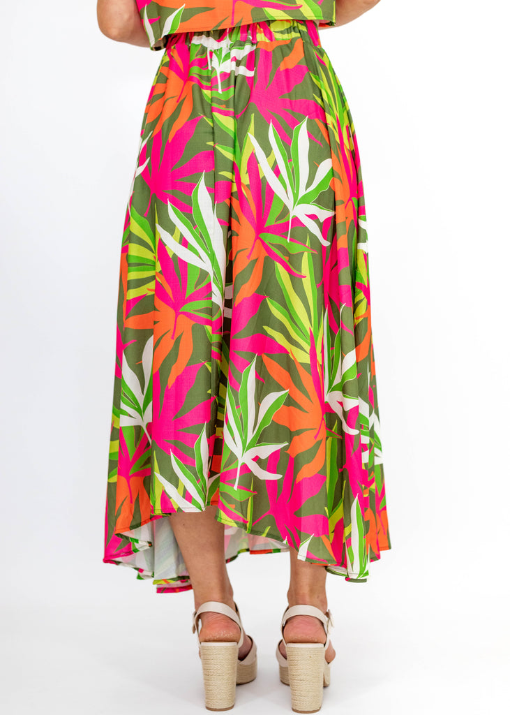 green/pink tropical print pleated midi skirt