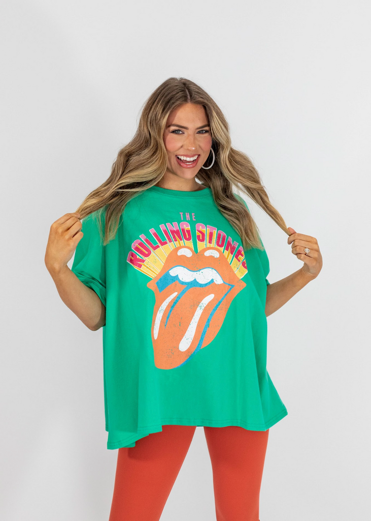 green oversized The Rolling Stones graphic t-shirt