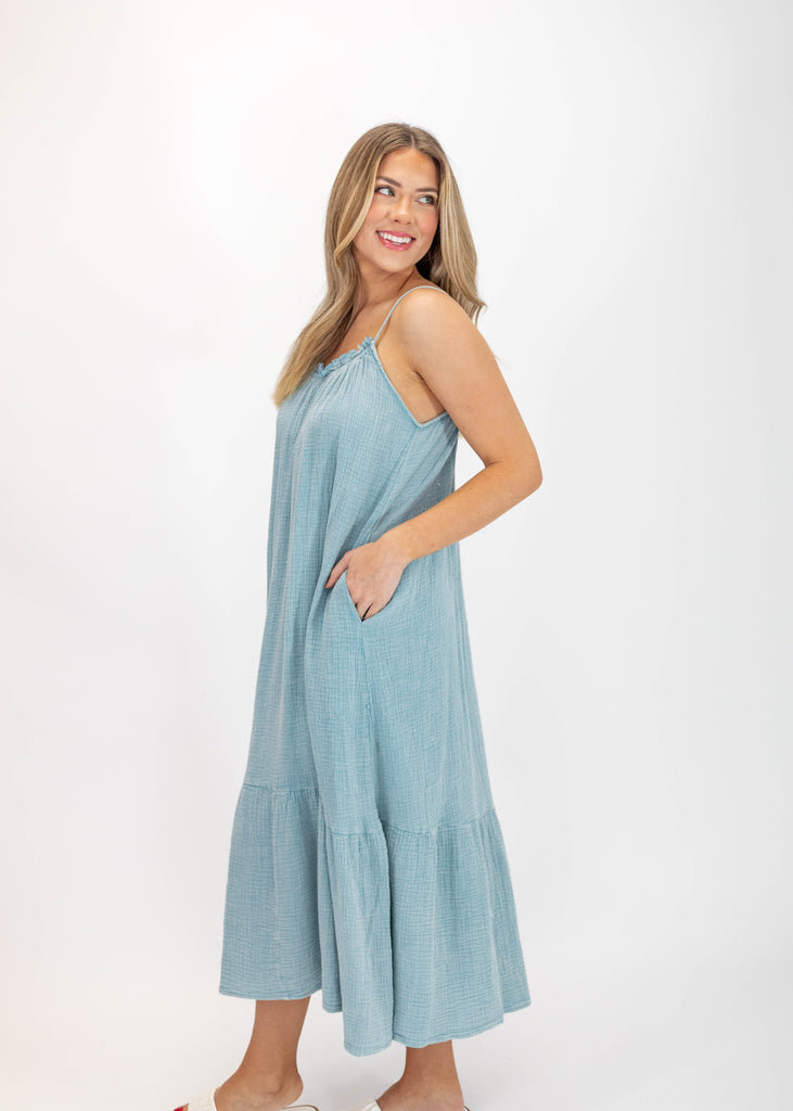 blue relaxed fit midi dress with pockets