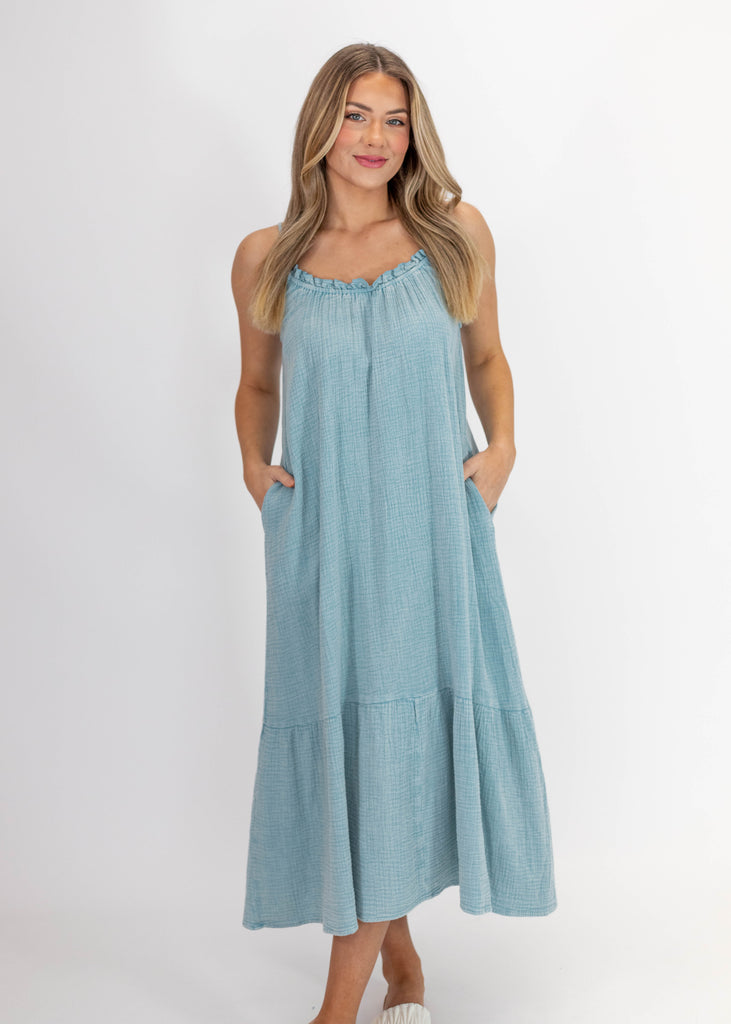 blue relaxed fit midi dress with pockets