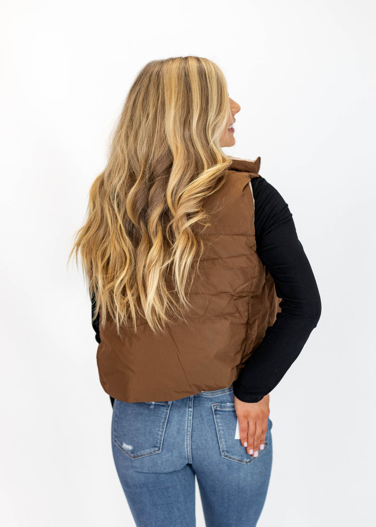 two tone brown reversible puffer vest