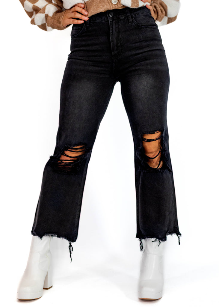 black crop flare distressed jeans