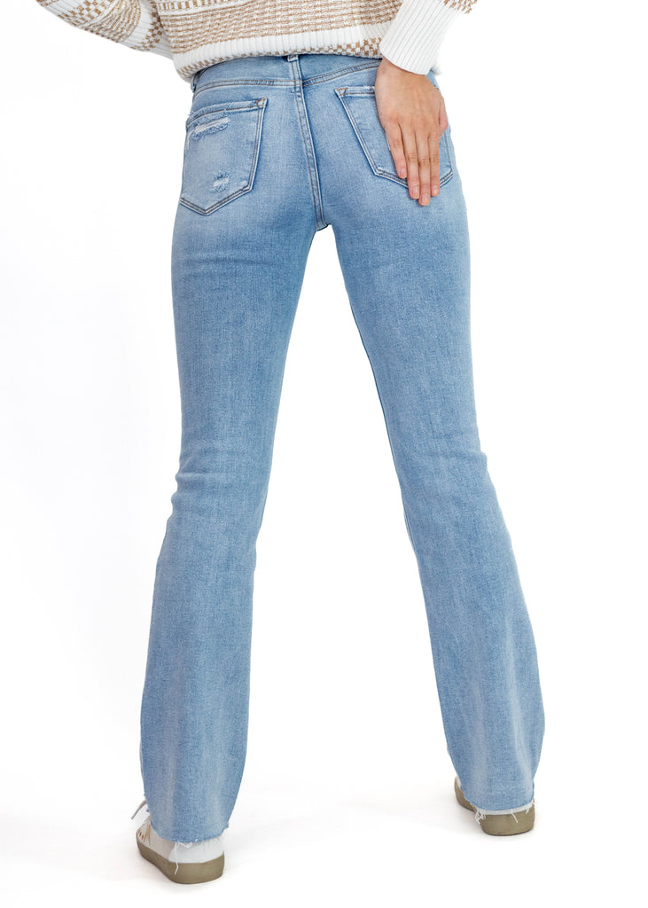 light wash high rise bootcut light distressed jeans