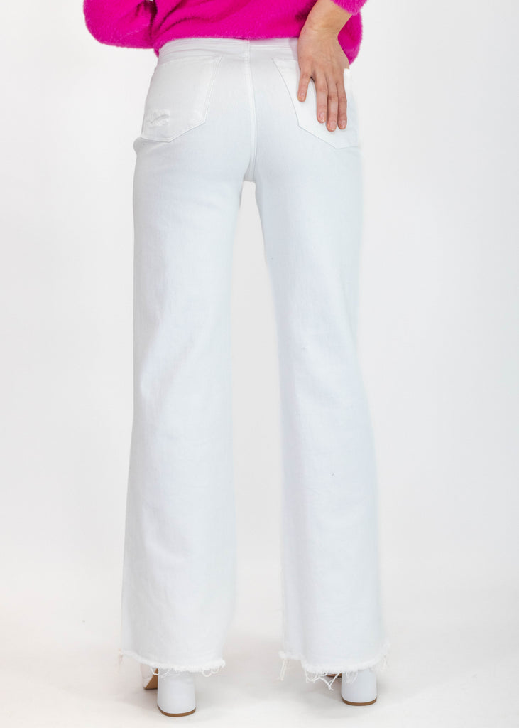white high rise wide leg jeans with distressing