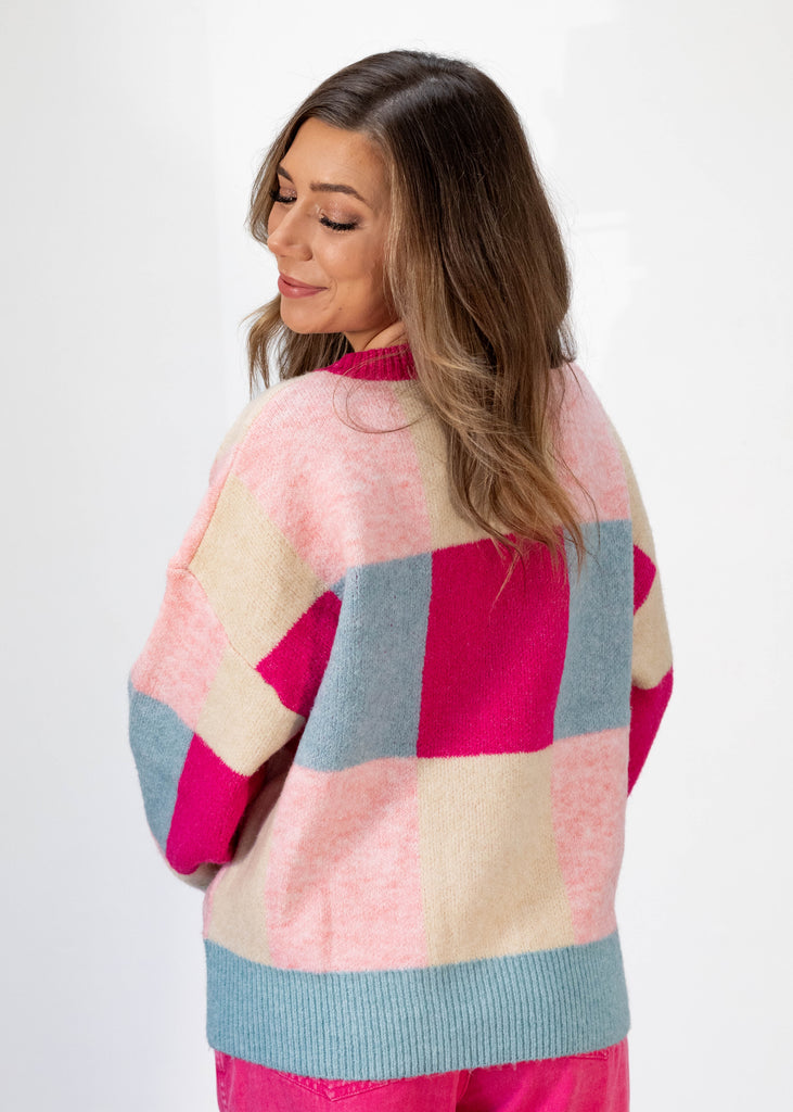 pink/blue color-block sweater