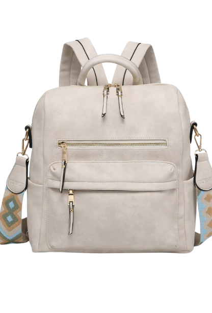 cream backpack with guitar strap, 2 front pokets